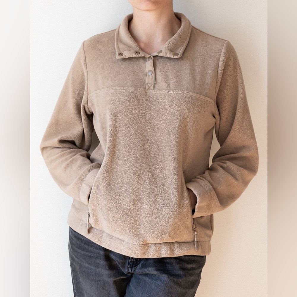 VINTAGE Taupe Fleece Pullover Sweater with Buttons and Pockets